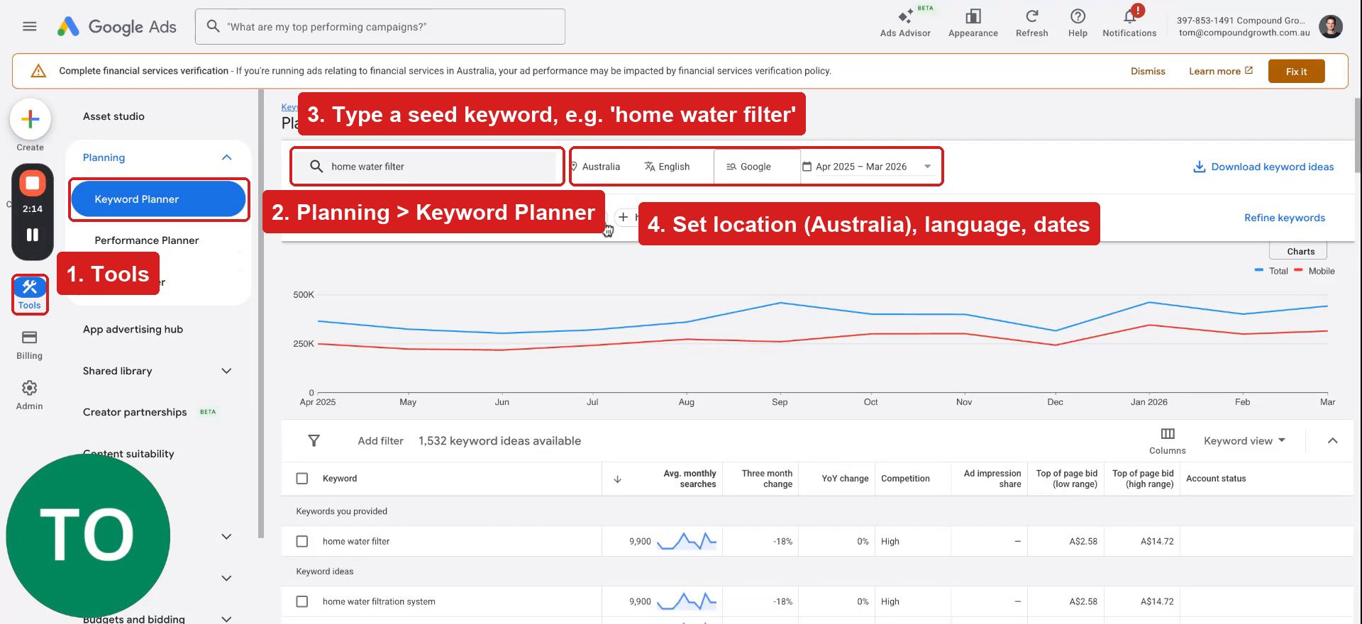 Keyword Planner navigation, seed keyword and filters annotated