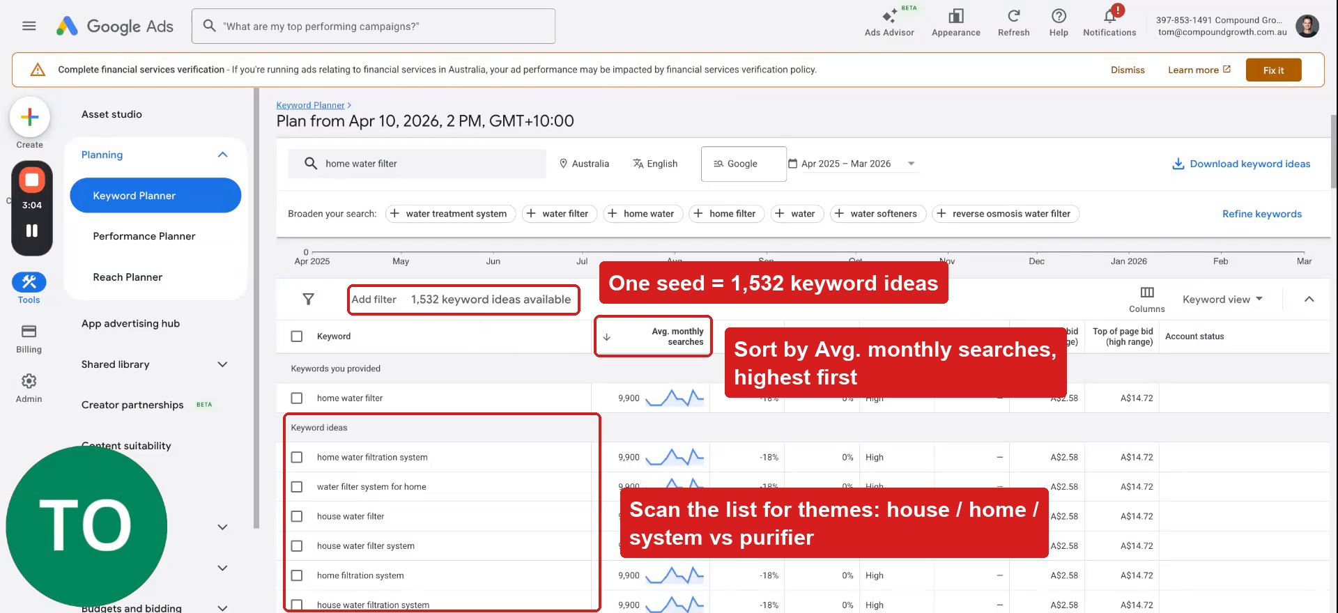 Keyword ideas list sorted by average monthly searches