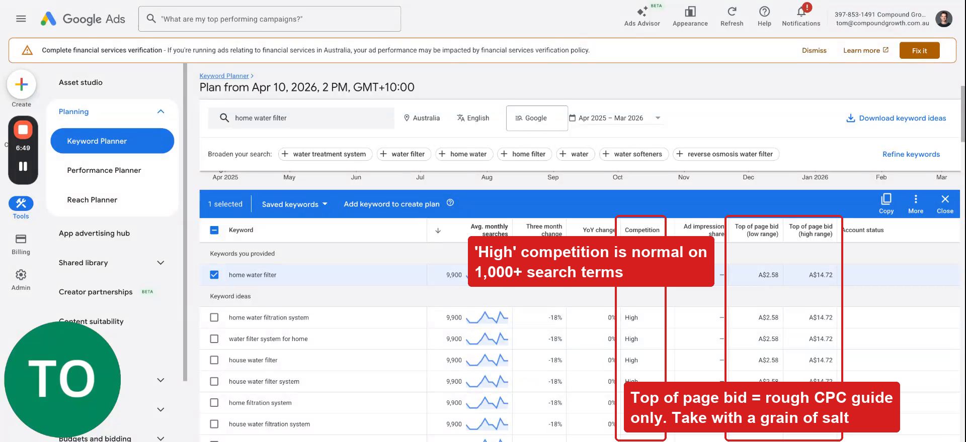 Competition and top of page bid columns in Keyword Planner