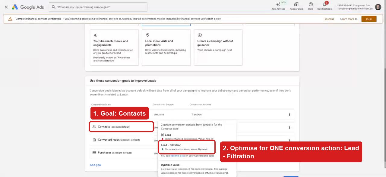 Selecting the Contacts goal and Lead - Filtration conversion action