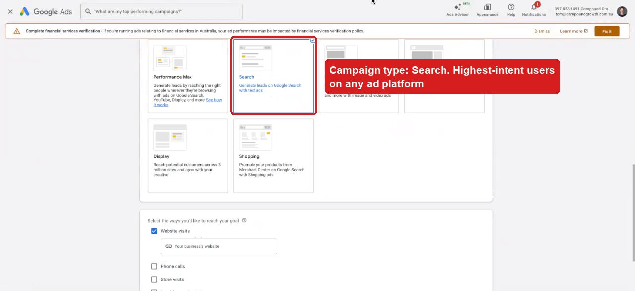 Choosing the Search campaign type