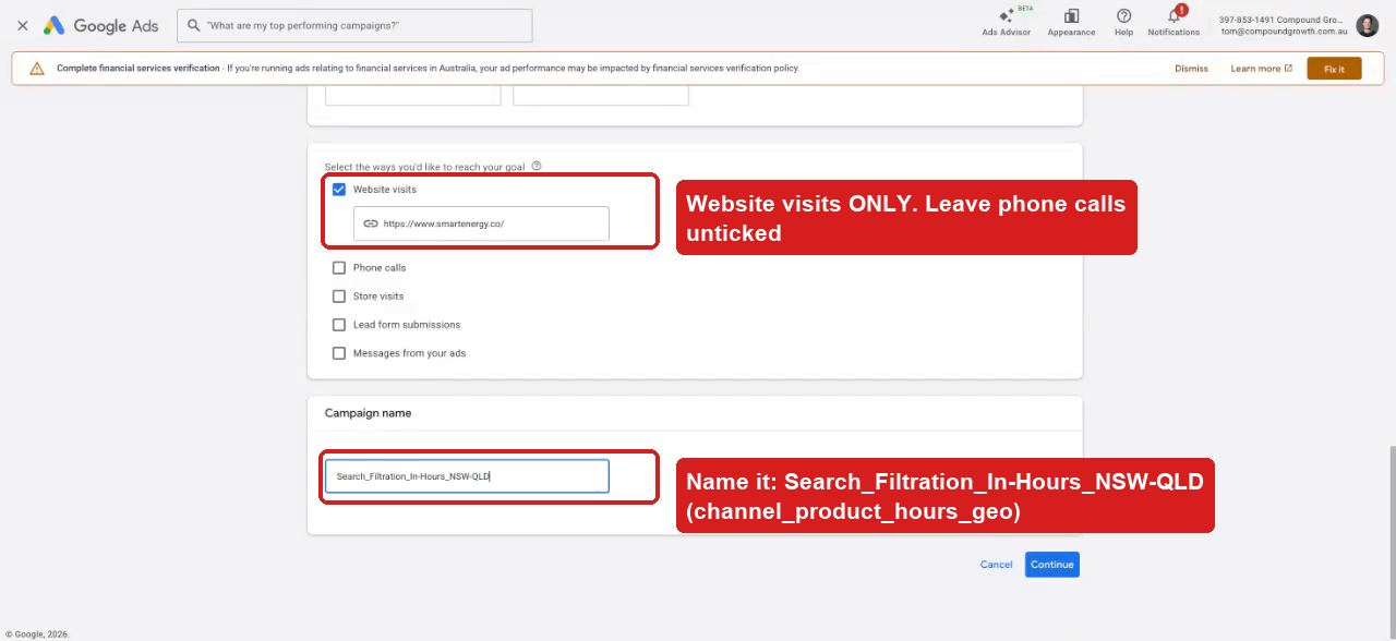 Website visits reach option and campaign naming convention