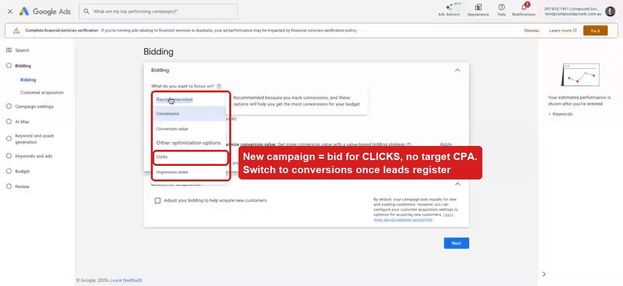 Bidding dropdown set to Clicks
