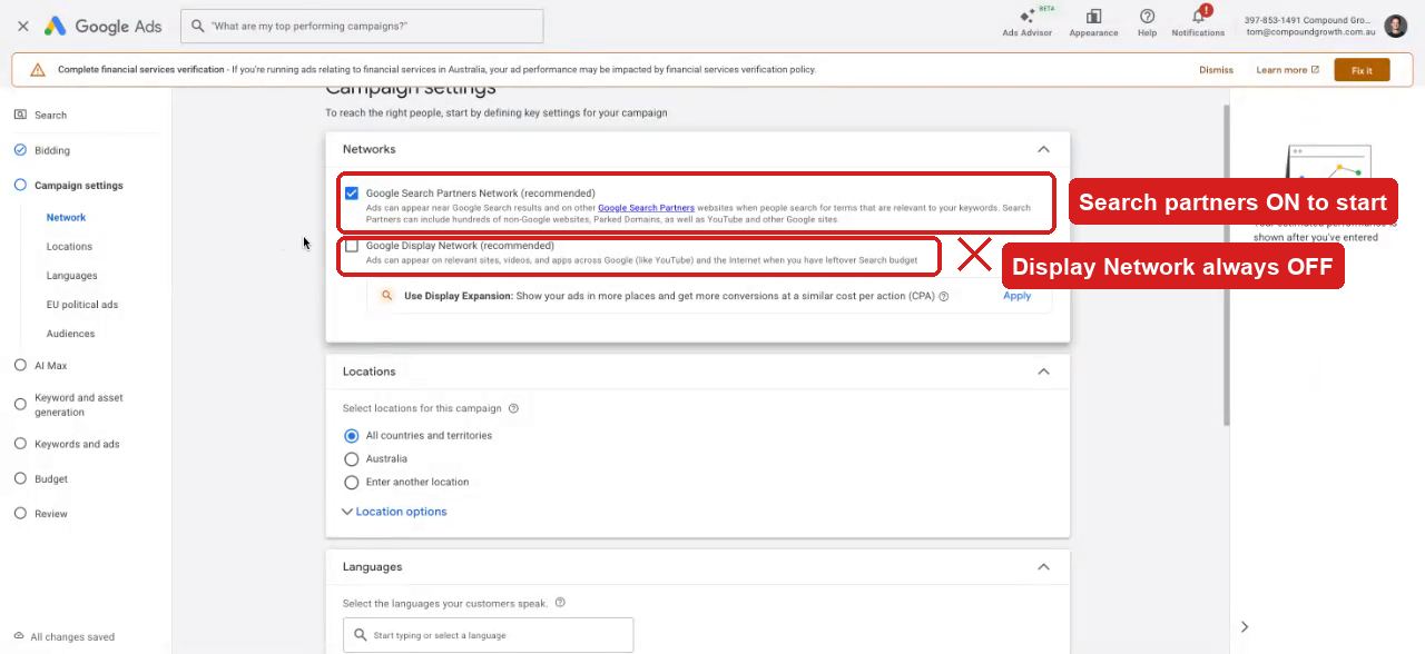Search partners enabled, Display network disabled