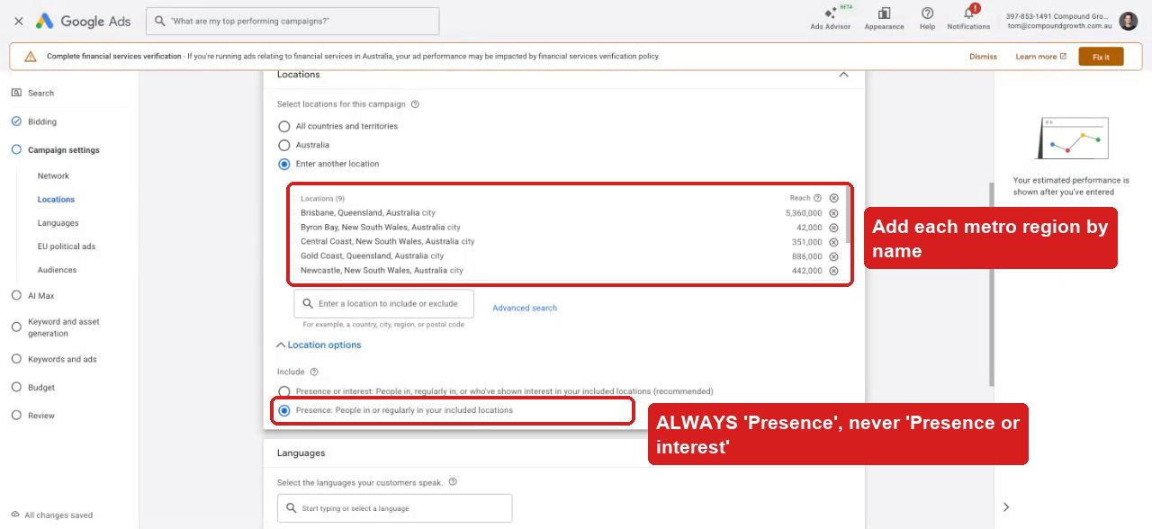 Location list with reach figures and the Presence radio button