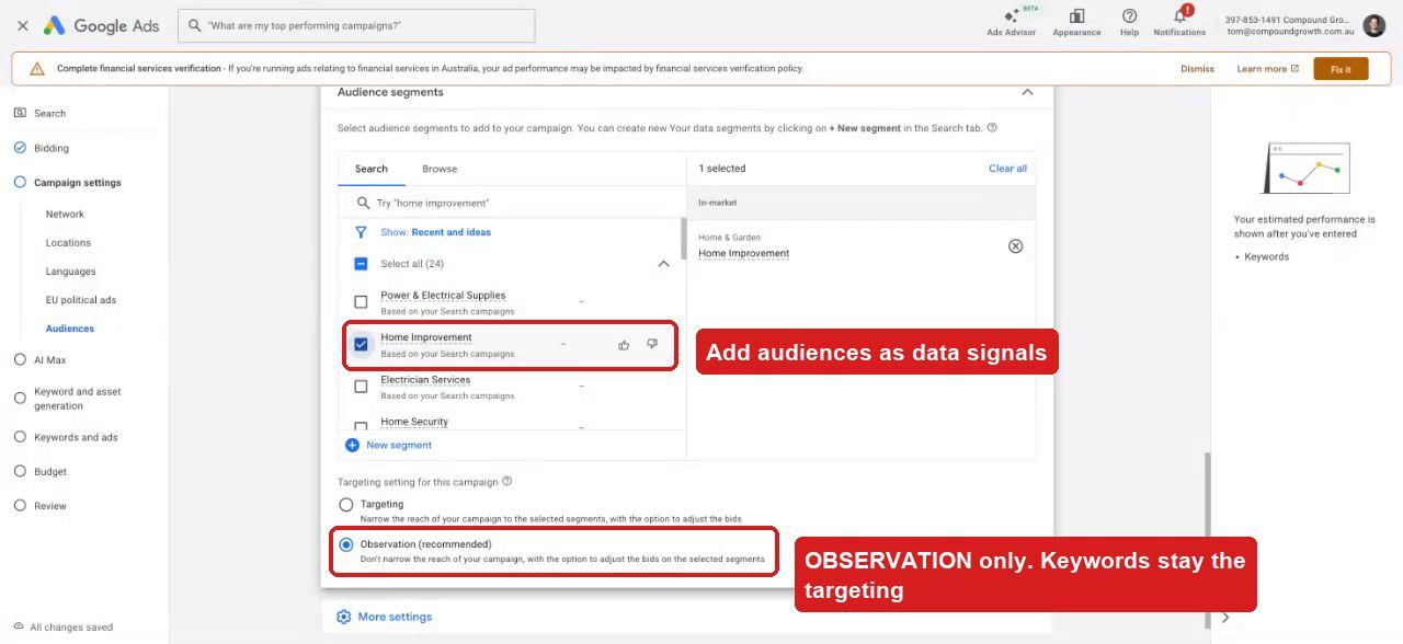 Audience segment added with Observation setting highlighted