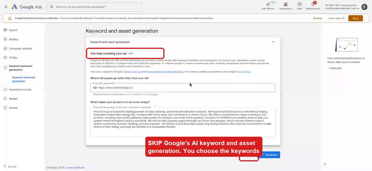 Skipping Google's AI keyword and asset generation step