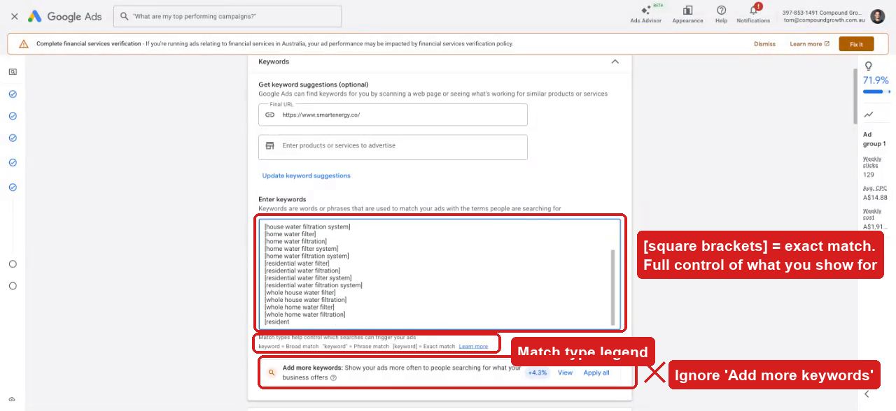 Exact match keyword list in square brackets
