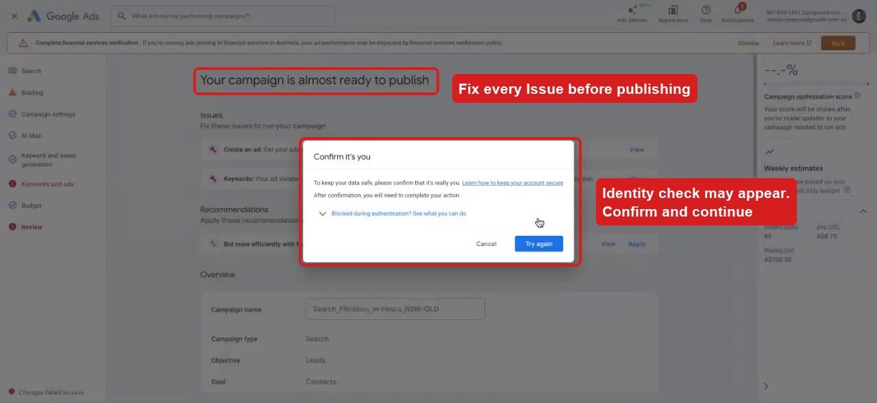 Campaign review screen with identity verification dialog