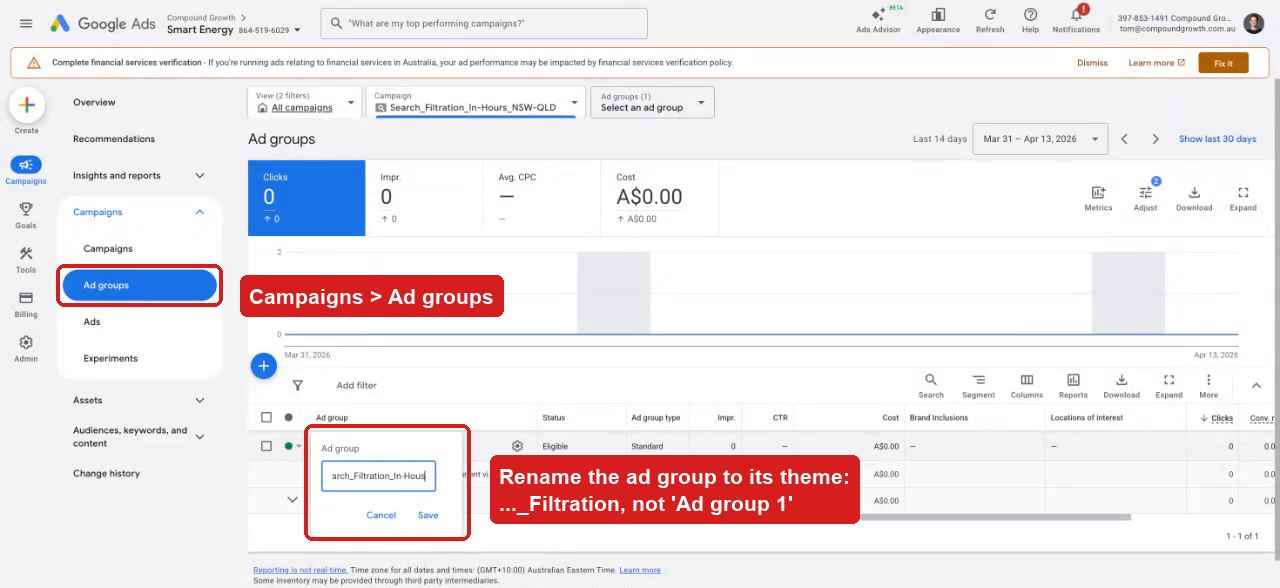 Renaming the ad group to the filtration theme