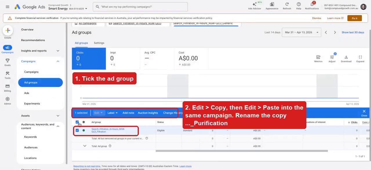 Copying the ad group via the Edit menu
