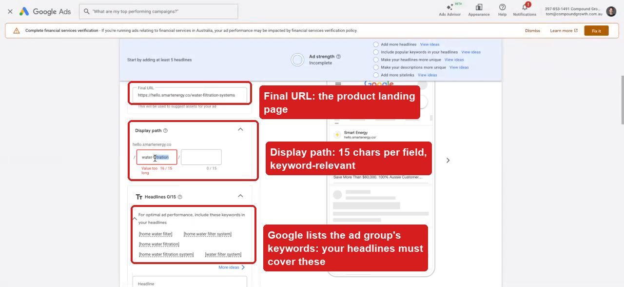 Final URL, display path and keyword checklist in the ad builder