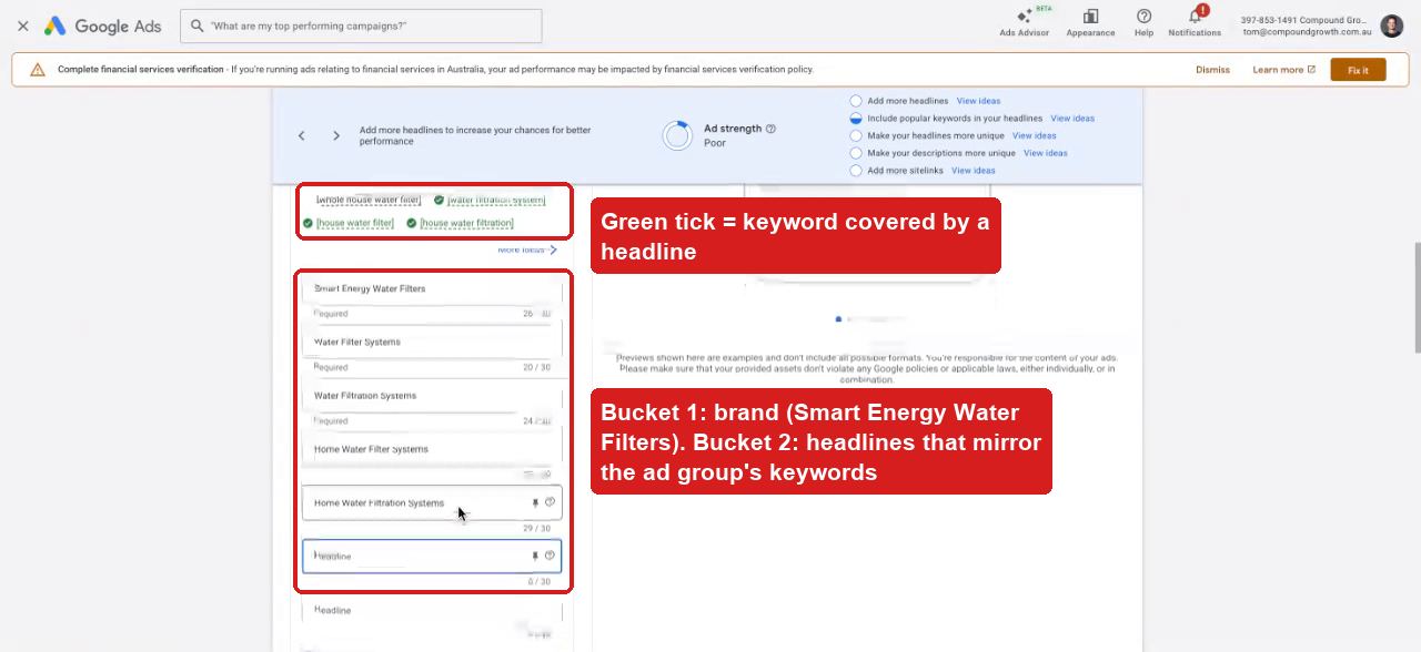 Headline fields covering the ad group's keywords