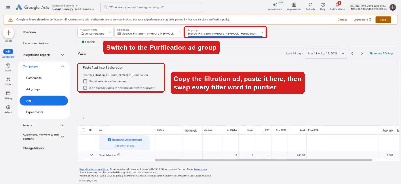 Pasting the copied ad into the purification ad group