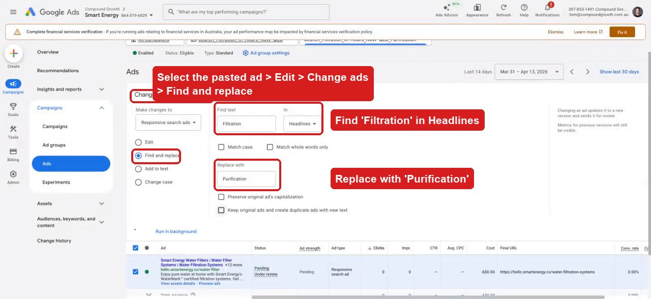 Find and replace within ad headlines