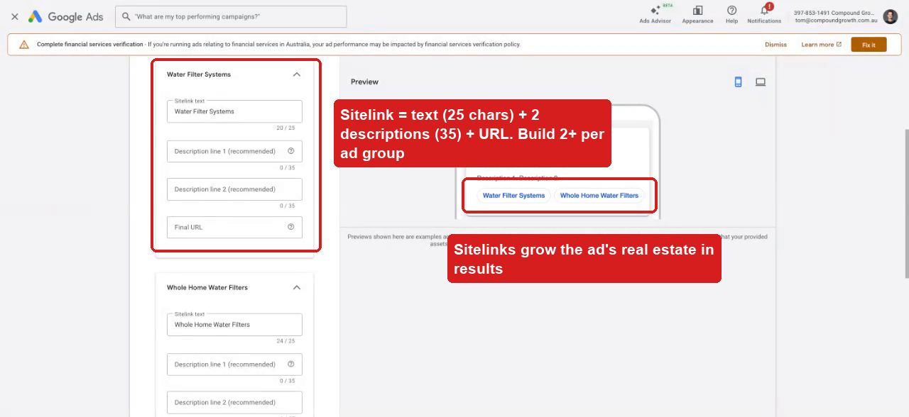 Sitelink creation panel with live ad preview