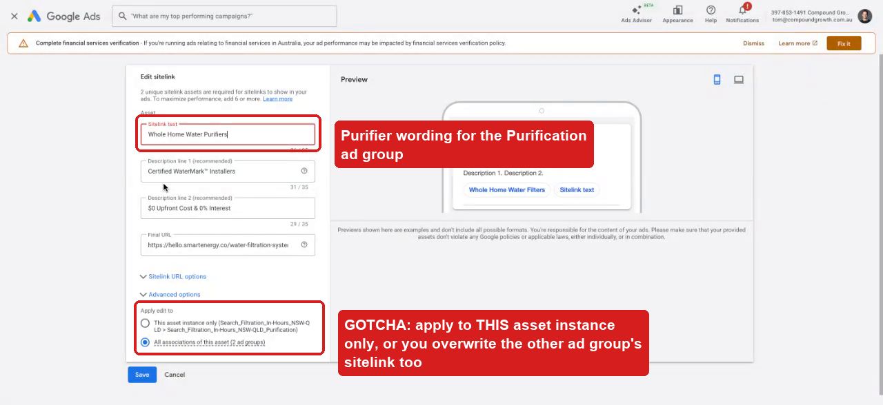 Sitelink edit applied to this asset instance only