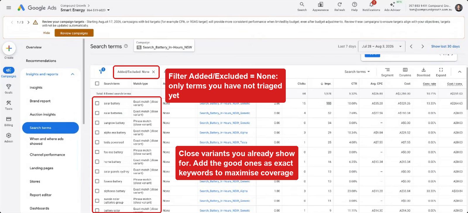 Search terms filtered to added/excluded none