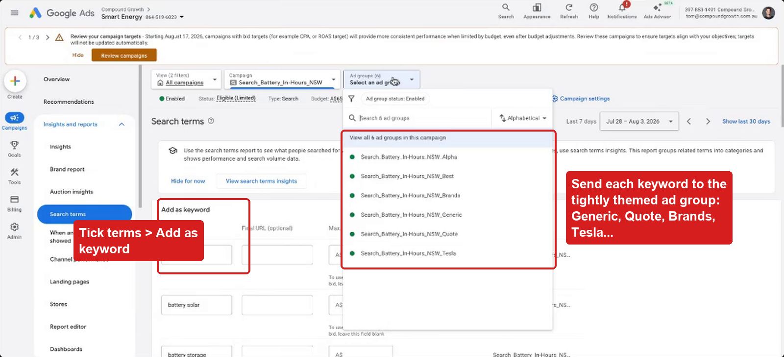 Add as keyword panel with ad group selector