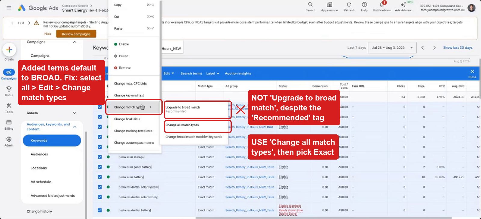 Change match types menu converting broad keywords to exact