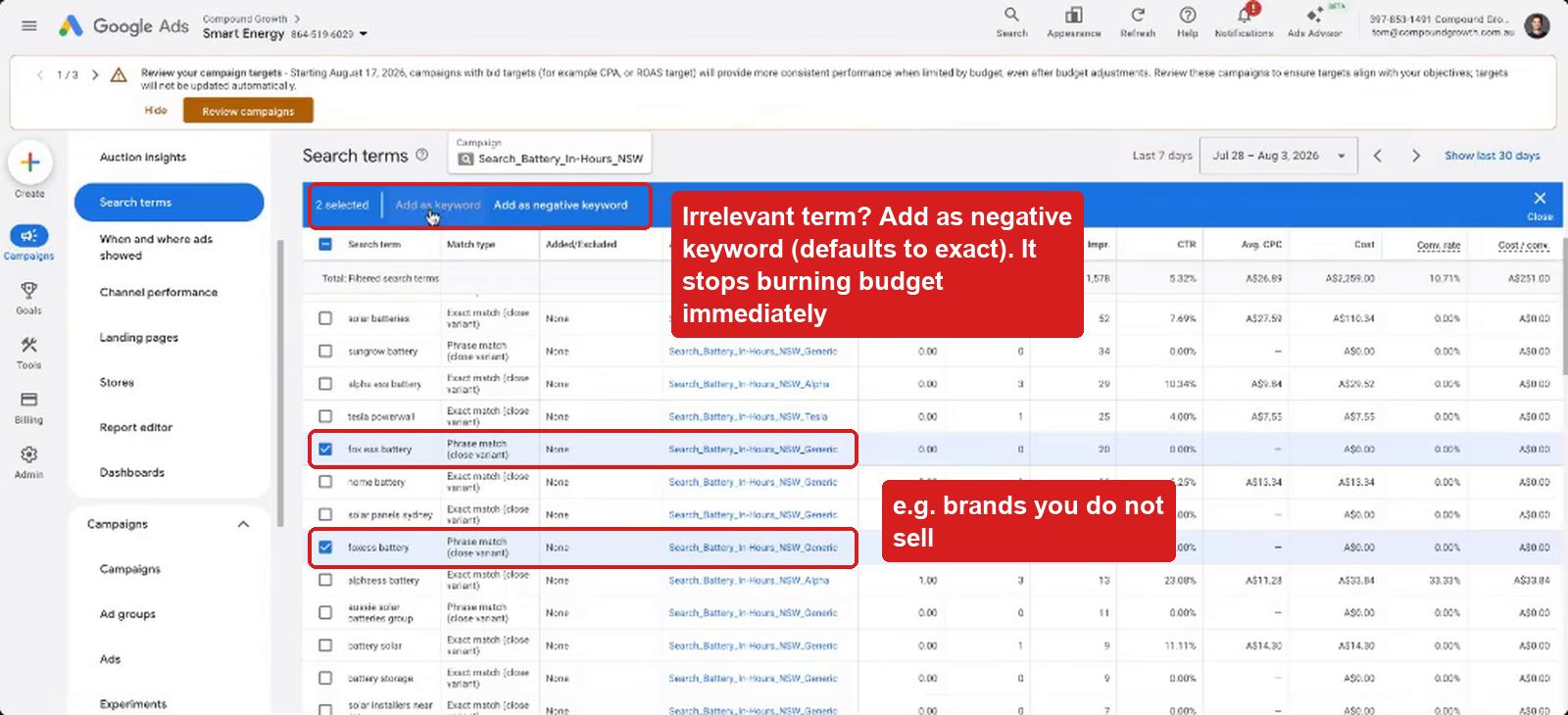 Adding irrelevant search terms as negative keywords