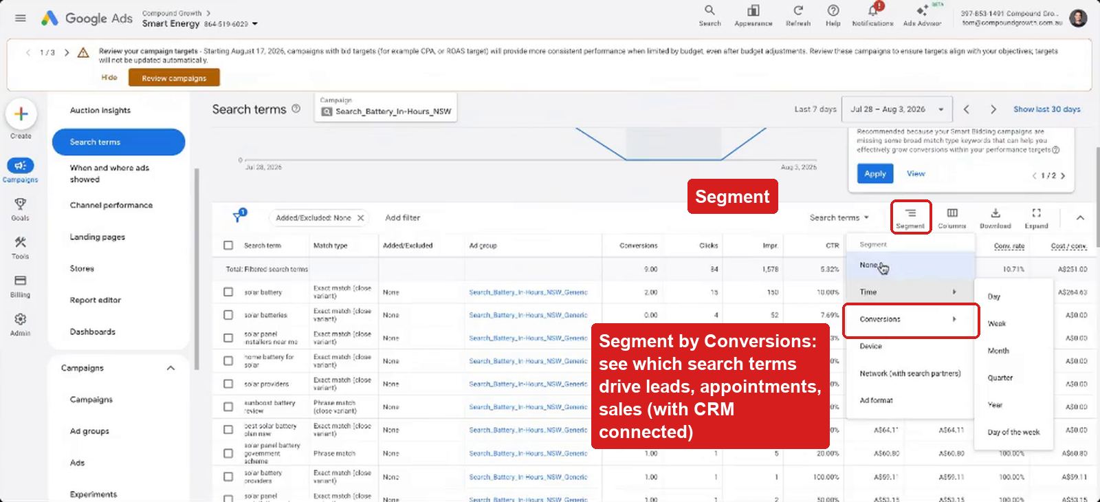 Segmenting search terms by conversion action